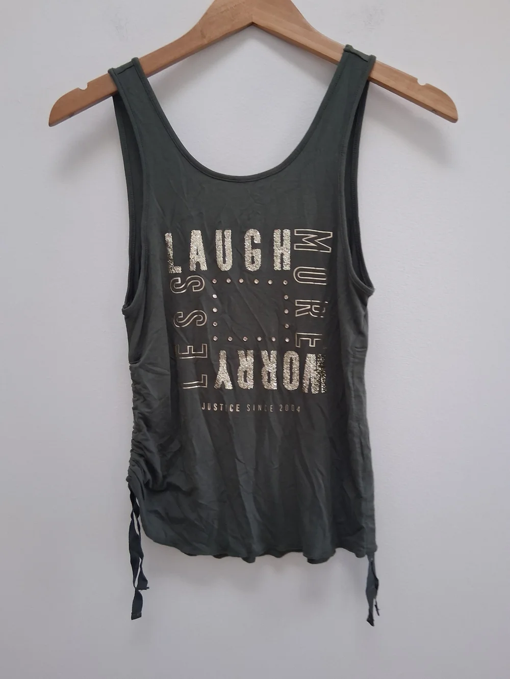 Justice Tween Girl's  Olive Green Tank with Metallic Graphic Side Ties Size 12